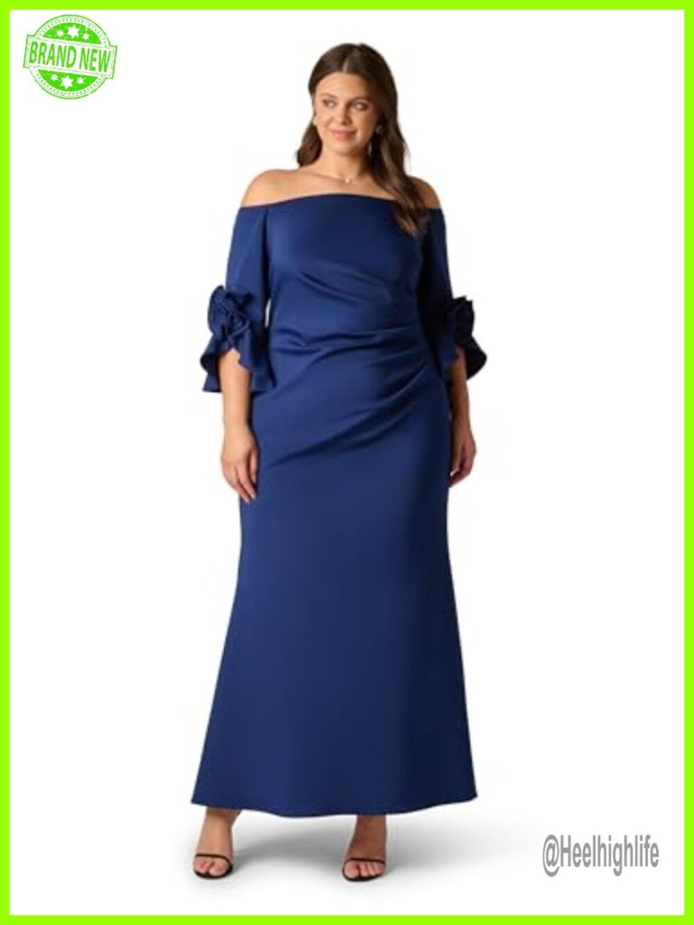 Off Shoulder Mermaid Crepe Gown 3/4 Sleeve 3D Flower Formal Dress